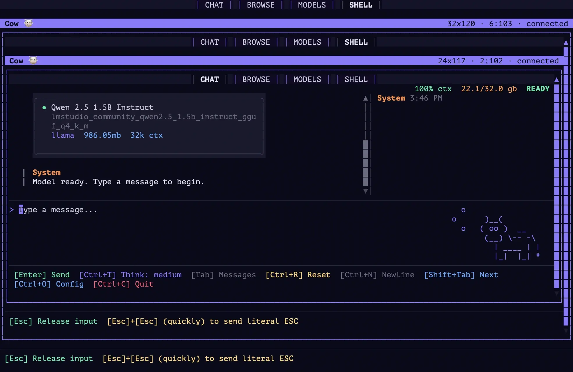 A terminal running inside cow